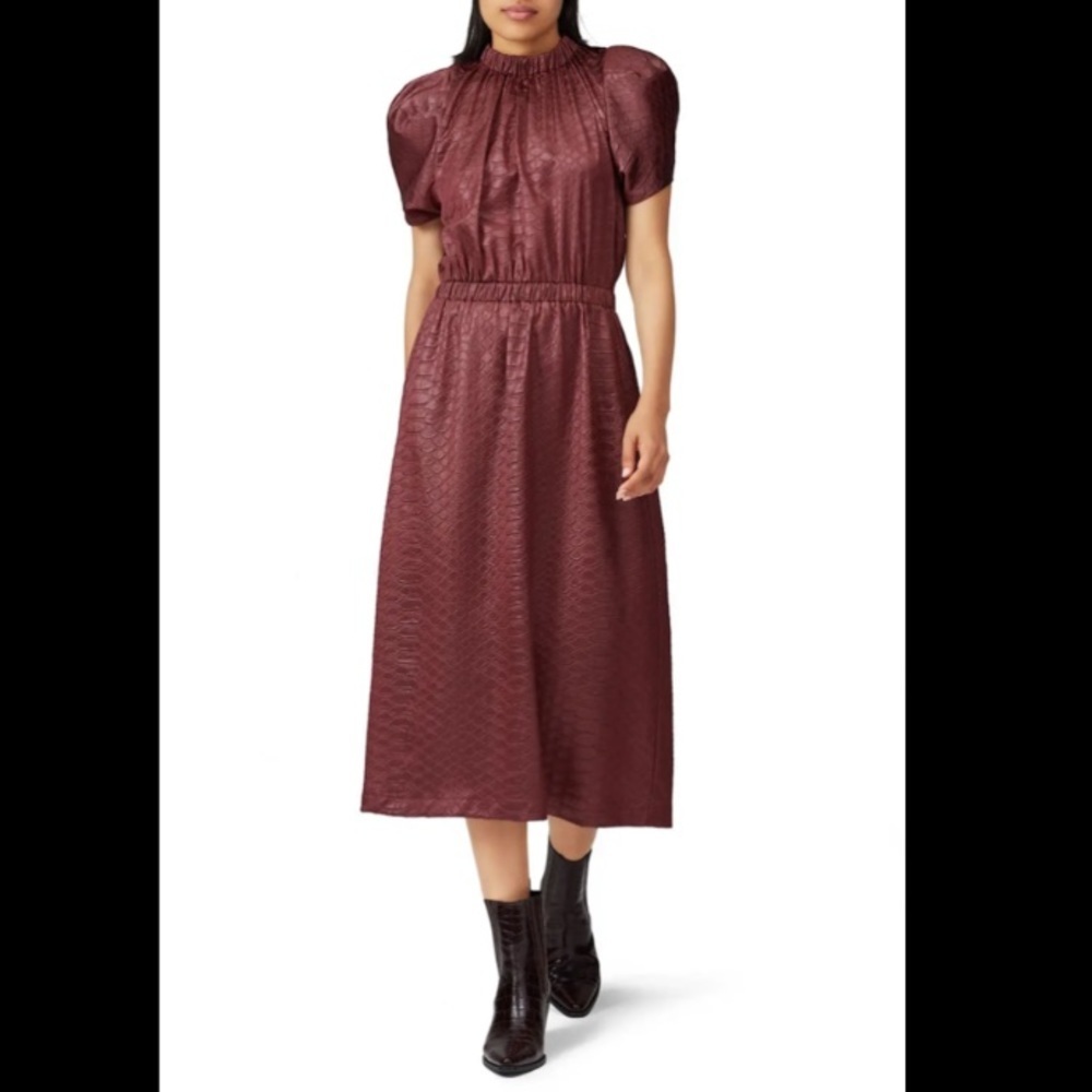 Sea New York Size M Simone Burgundy Snakeskin Textured Puff Sleeve Midi Dress